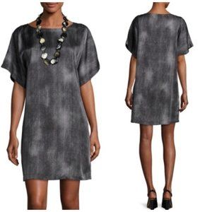 $348 Eileen Fisher S Kimono Sleeve Print Shift Dress Lagenlook Silk Cotton Gray